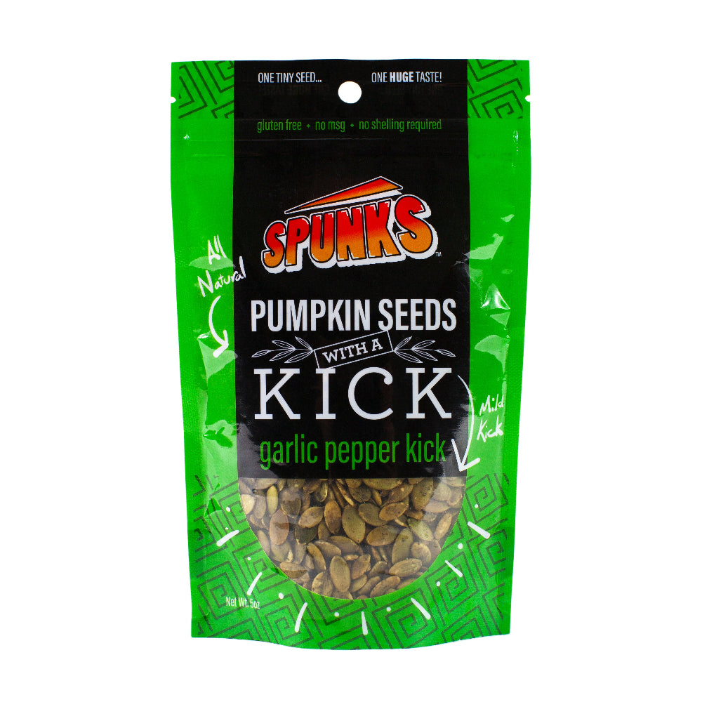 Green bag with black label that says "SPUNKS PUMPKIN SEEDS WITH A KICK garlic pepper kick