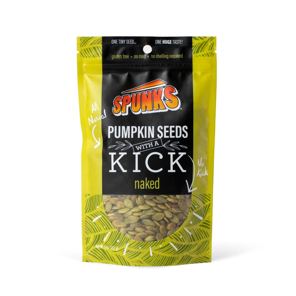 Light yellow-green bag with black label that says "SPUNKS PUMPKIN SEEDS WITH A KICK naked
