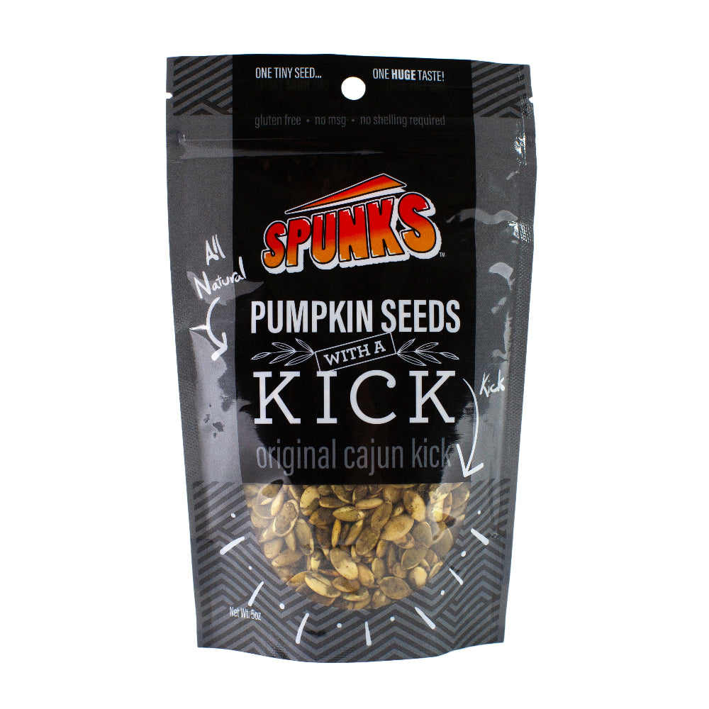 Gray bag with black label that says "SPUNKS PUMPKIN SEEDS WITH A KICK original cajun kick