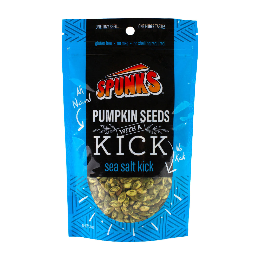 Blue bag with black label that says "SPUNKS PUMPKIN SEEDS WITH A KICK garlic pepper kick